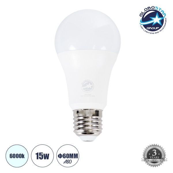 GloboStar® 60033 Λάμπα LED E27 A60 Γλόμπος 15W 1500lm 260° AC 220-240V IP20 Φ6 x Υ11.9cm Ψυχρό Λευκό 6000K - 3 Years Warranty