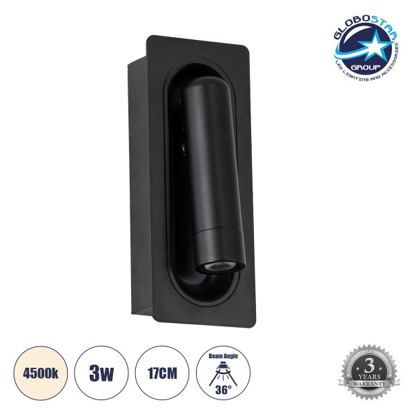 GloboStar® MANHATTAN 61097 Μοντέρνο Χωνευτό Φωτιστικό Τοίχου - Απλίκα Ξενοδοχείου Bed Side LED 3W 405lm 36° AC 220-240V - Reading Light - Μ7 x Π7 x Υ17cm - Φυσικό Λευκό 4500K - Μαύρο