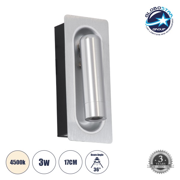 GloboStar® MANHATTAN 61099 Μοντέρνο Χωνευτό Φωτιστικό Τοίχου - Απλίκα Ξενοδοχείου Bed Side LED 3W 405lm 36° AC 220-240V - Reading Light - Μ7 x Π7 x Υ17cm - Φυσικό Λευκό 4500K - Νίκελ Βούρτσας