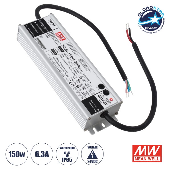 GloboStar® 90785 HLG-150H-24A MEANWELL Αδιάβροχο Μεταλλικό Τροφοδοτικό SELV για Προϊόντα LED 150W 6.25A - AC 220-240V σε DC 24V - Αδιάβροχο IP65 Μ22.8 x Π6.8 x Υ4cm - 3 Χρόνια Εγγύηση