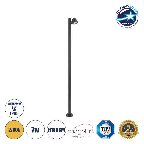 GloboStar® GARDENIA 60510 Φωτιστικό Κήπου - Πάρκου - Πλατείας - Κολωνάκι Αρχιτεκτονικού Φωτισμού Εξωτερικού Χώρου LED 7W 700lm 60° AC220-240V Αδιάβροχο IP65 - Σώμα Αλουμινίου & Tempered Glass - Μ15 x Π18 x Υ180cm - Θερμό Λευκό 2700K - Γκρι Ανθρακί - Bridg