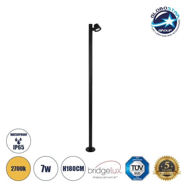 GloboStar® GARDENIA 60511 Φωτιστικό Κήπου - Πάρκου - Πλατείας - Κολωνάκι Αρχιτεκτονικού Φωτισμού Εξωτερικού Χώρου LED 7W 700lm 60° AC220-240V Αδιάβροχο IP65 - Σώμα Αλουμινίου & Tempered Glass - Μ15 x Π18 x Υ180cm - Θερμό Λευκό 2700K - Μαύρο - Bridgelux Ch