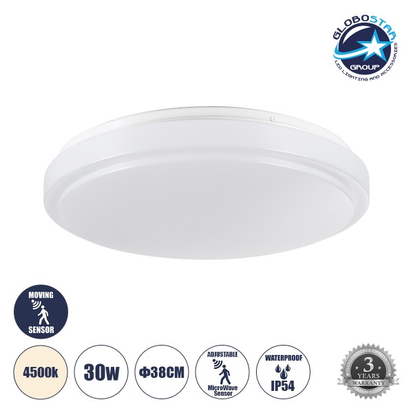 GLOBOSTAR® SENSORANO 60995 Φωτιστικό Πλαφονιέρα Οροφής με Ανιχνευτή Microwave / Αισθητήρα Κίνησης LED 30W 2850lm 120° AC 220-240V Αδιάβροχο IP54 Φυσικό Λευκό 4500K - Lumileds SMD Chip - Λευκό Γαλακτερό - Μ38 x Π38 x Υ5.3cm - 3 Χρόνια Εγγύηση