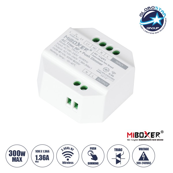GLOBOSTAR® MiBOXER-TRI-C1 71432 AC Triac RF 2.4Ghz & Push Dimmer με 1 x 1.36A 300W Κανάλι AC 220-240V 1.36A 300W Max IP20 - RF 2.4Ghz & Push Dimming - Μ5 x Π5 x Υ2.3cm - 5 Χρόνια Εγγύηση