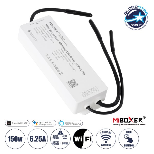 GloboStar® MiBOXER-WP1-P150V24 71438 DC Smart Wifi & RF 2.4Ghz & Push Dimming Power Supply Τροφοδοτικό SELV & Controller / Dimmer All in One AC100-240V σε DC 24V 1 x 6.25A 150W - Max 6.25A 150W - Αδιάβροχο IP67 Μ22.5 x Π7 x Υ3.5cm - 3 Years Warranty