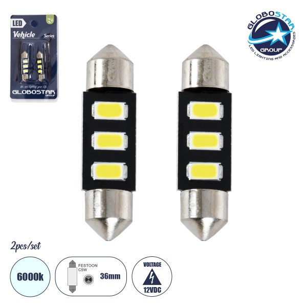 GLOBOSTAR® C5W 81302-B Σωληνωτή Λάμπα C5W 36mm LED 0.36W/0.72W 120lm/240lm 120° DC 12V IP20 Ψυχρό Λευκό 6000K - 3 x Epistar SMD5630 Chip - Μ3.6 x Π0.9 x Υ0.9cm - Πακέτο Blister 2 Τεμαχίων - 1 Χρόνο Εγγύηση