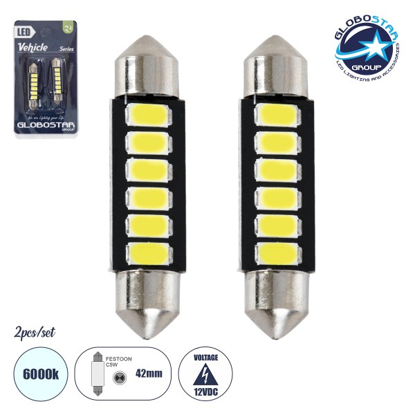 GloboStar® C5W 81304-B Λάμπες Αυτοκινήτου LED 42mm FESTOON - 6xSMD5630 0.72W/1.44W 240lm/480lm 120° DC 12V IP20 Μ4.2 x Π0.9 x Υ0.9cm Ψυχρό Λευκό 6000K - Σετ 2 Τεμαχίων σε Blister