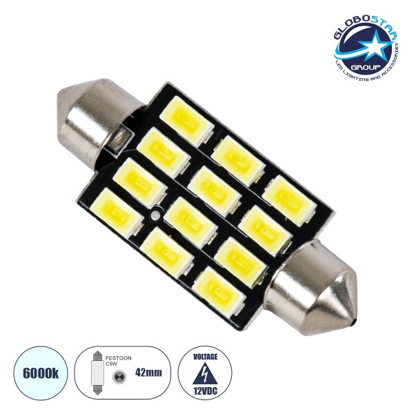 GloboStar® C5W 81308 Λάμπα Αυτοκινήτου LED 42mm FESTOON - 12xSMD5630 6W 900lm 120° DC 12V IP20 Μ4.2 x Π1.2 x Υ1.2cm Ψυχρό Λευκό 6000K