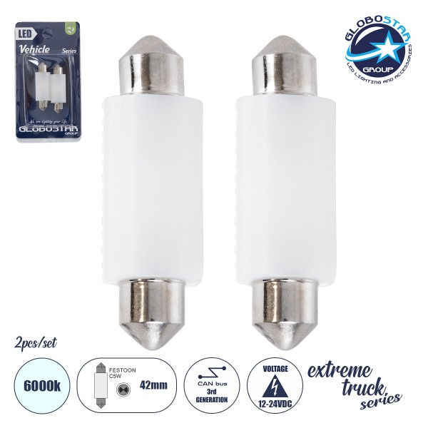GLOBOSTAR® C5W 81335-B Σωληνωτή Λάμπα C5W 42mm CANbus LED 1.92W/3.84W 100lm/200lm 120° DC 12-24V IP20 Ψυχρό Λευκό 6000K - 2 x Epistar SMD3030 Chip - Μ4.2 x Π1.2 x Υ1cm - Πακέτο Blister 2 Τεμαχίων - 1 Χρόνο Εγγύηση