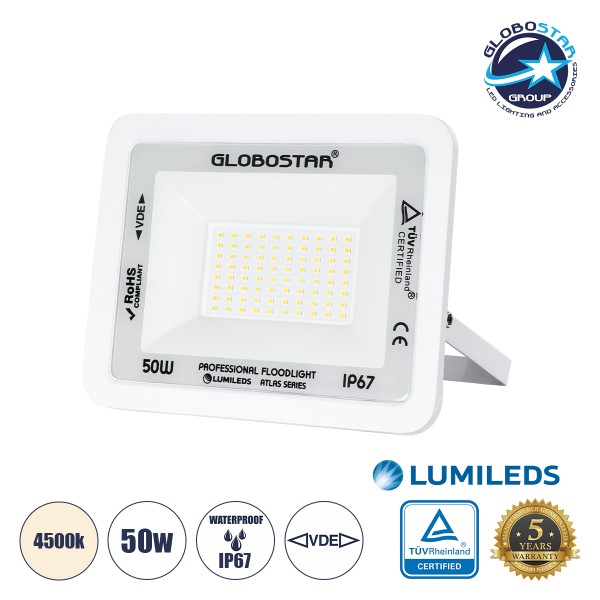 GLOBOSTAR® ATLAS 61420 Προβολέας LED 50W 6000lm 120° AC 220-240V Αδιάβροχο IP67 Φυσικό Λευκό 4500K - Lumileds SMD Chip - TÜV Rheinland Certified - Λευκό Ματ - Μ21 x Π3.5 x Υ16cm - 5 Χρόνια Εγγύηση