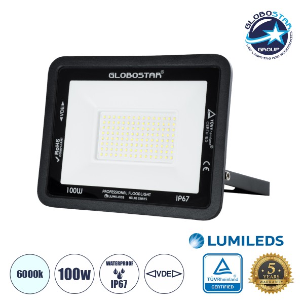 GloboStar® ATLAS 61425 Επαγγελματικός Προβολέας LED 100W 12500lm 120° AC 220-240V - Αδιάβροχος IP67 - Μ27 x Π4 x Υ21cm - Μαύρο - Ψυχρό Λευκό 6000K - LUMILEDS Chips - TÜV Rheinland Certified - 5 Years Warranty