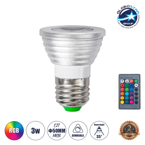 GloboStar® 76066 Σποτ LED E27 MR16 3W 200lm 35° AC 220-240V IP20 Φ5 x Υ8.5cm - Εναλλαγή Φωτισμού μέσω Τηλεχειριστηρίου RGB - Dimmable - 2 Χρόνια Εγγύηση