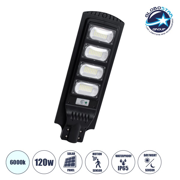 GloboStar® STREETA 85344 Professional LED Solar Street Light Αυτόνομο Ηλιακό Φωτιστικό Δρόμου 120W 6000lm 192 x LED SMD 5730 με Ενσωματωμένο Φωτοβολταϊκό Panel 6V 15W & Επαναφορτιζόμενη Μπαταρία Li-ion 3.2V 15000mAh με Αισθητήρα Ημέρας-Νύχτας & PIR Αισθητ