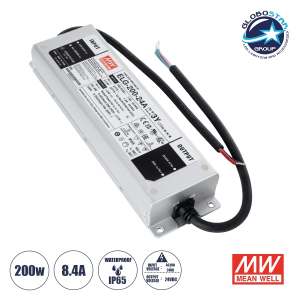 GloboStar® ELG-200-24A 90789 MEANWELL Αδιάβροχο Ρυθμιζόμενο Μεταλλικό Τροφοδοτικό SELV για Προϊόντα LED 200W 8.4A - AC 220-240V σε DC 24V - Ρυθμιζόμενο από 22.4VDC έως 25.6VDC - Αδιάβροχο IP65 Μ24.4 x Π7.1 x Υ3.75cm - 3 Years Warranty