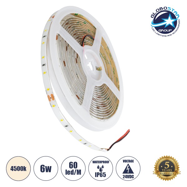GLOBOSTAR® LILAC 70301 Ταινία LED 6W/m 600lm/m 120° DC 24V Αδιάβροχη IP65 60 x SMD2835 Chip/m Φυσικό Λευκό 4500K Dimmable - Sanan SMD Chip - Μ500 x Π0.8 x Υ0.2cm - Ρολό 5 Μέτρων - 5 Χρόνια Εγγύηση