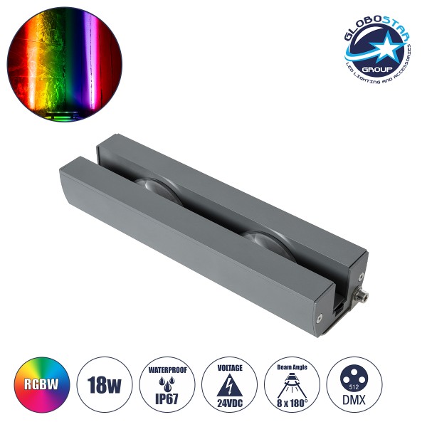 GLOBOSTAR® WINDOWARTE 90721 Φωτιστικό Ανάδειξης Παραθύρων LED 18W 1440lm 8°x180° DC 24V Αδιάβροχο IP67 Πολύχρωμο RGBW Dimmable DMX512 - CREE XPE Chip - Γκρι Ανθρακί - Μ25 x Π7 x Υ4.5cm - 3 Χρόνια Εγγύηση