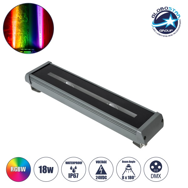 GLOBOSTAR® WINDOWRAFI 90729 Φωτιστικό Ανάδειξης Παραθύρων LED 18W 1440lm 8°x180° DC 24V Αδιάβροχο IP67 Πολύχρωμο RGBW Dimmable DMX512 - CREE XPE Chip - Γκρι Ανθρακί - Μ30.5 x Π6.7 x Υ4.5cm - 3 Χρόνια Εγγύηση