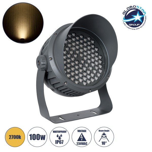 GloboStar® FLOOD-DIMO 90746 Προβολέας Wall Washer με Αντιθαμβωτική Γρίλια για Φωτισμό Κτιρίων LED 100W 9000lm 10° AC 220-240V Αδιάβροχο IP67 Μ34 x Π36 x Υ44cm Θερμό Λευκό 2700K - Γκρι Ανθρακί - 3 Χρόνια Εγγύηση