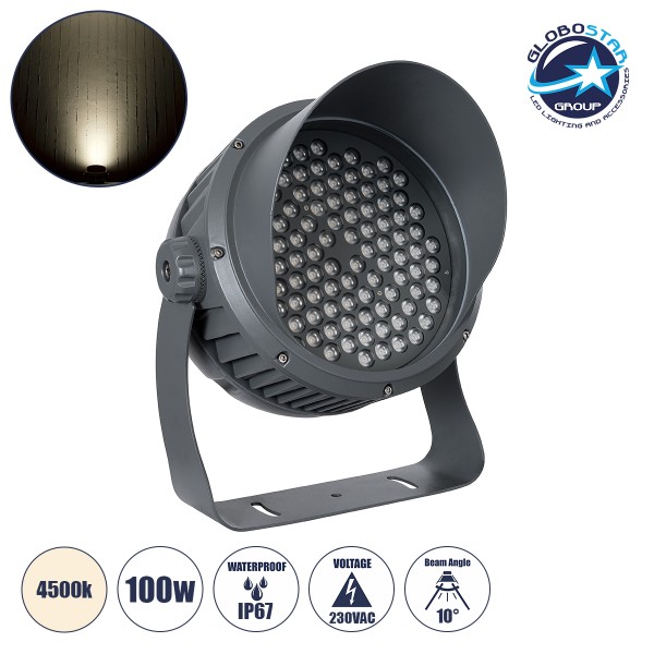 GLOBOSTAR® FLOOD-DIMO 90747 Προβολέας Σποτ Wall Washer με Αντιθαμβωτική Γρίλια LED 100W 9500lm 10° AC 220-240V Αδιάβροχο IP67 Φυσικό Λευκό 4500K - Γκρι Ανθρακί - Μ34 x Π36 x Υ44cm - 3 Χρόνια Εγγύηση