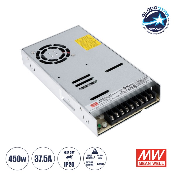 GloboStar® LRS-450-12 90786 MEANWELL Ρυθμιζόμενο Μεταλλικό Τροφοδοτικό PELV για Προϊόντα LED 450W 37.5A - AC 220-240V σε DC 12V - Ρυθμιζόμενο από 10.2VDC έως 13.8VDC - IP20 Μ22.5 x Π12.4 x Υ3.5cm - 3 Years Warranty