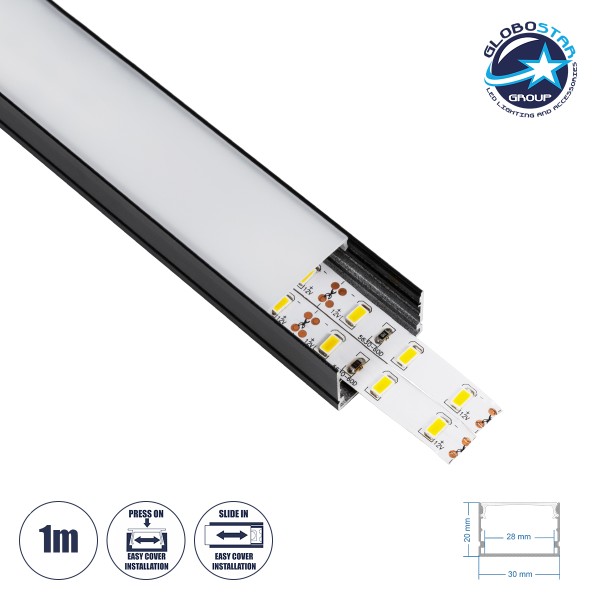 GloboStar® SURFACE-PROFILE 70825-1M Προφίλ Αλουμινίου - Βάση & Ψύκτρα Ταινίας LED με Λευκό Γαλακτερό Κάλυμμα - Επιφανειακή Χρήση - Πατητό Κάλυμμα - Μαύρο - 1 Μέτρο - Μ100 x Π3 x Υ2cm