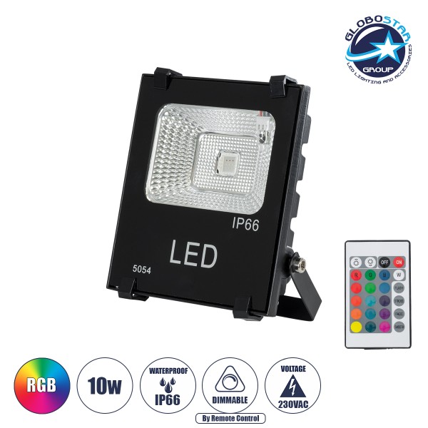 GLOBOSTAR® RGBFLOOD 75600 Προβολέας με IR Ασύρματο Χειριστήριο LED 10W 650lm 120° AC 220-240V Αδιάβροχο IP66 Πολύχρωμο RGB Dimmable - COB Chip - Μαύρο Ματ - Μ11 x Π4 x Υ13.5cm - 2 Χρόνια Εγγύηση