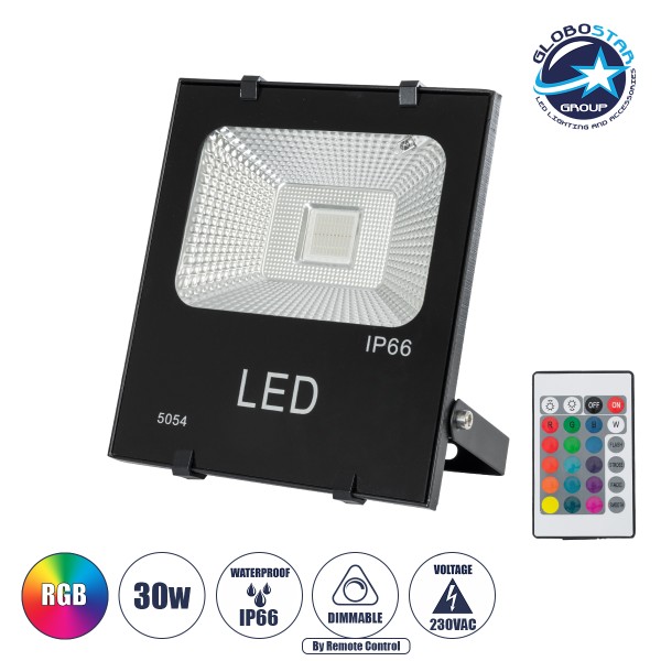 GLOBOSTAR® RGBFLOOD 75601 Προβολέας με IR Ασύρματο Χειριστήριο LED 30W 1950lm 120° AC 220-240V Αδιάβροχο IP66 Πολύχρωμο RGB Dimmable - COB Chip - Μαύρο Ματ - Μ17 x Π4.5 x Υ20cm - 2 Χρόνια Εγγύηση