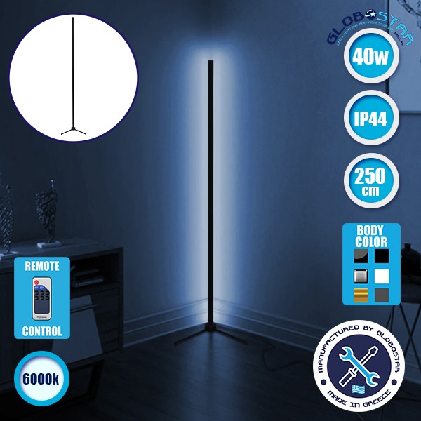 Μοντέρνο Minimal Επιδαπέδιο Μαύρο Φωτιστικό 250cm LED 40 Watt με Ασύρματο Χειριστήριο RF & Dimmer Ψυχρό Λευκό 6000k GloboStar ALIEN Design GLOBO-250-1