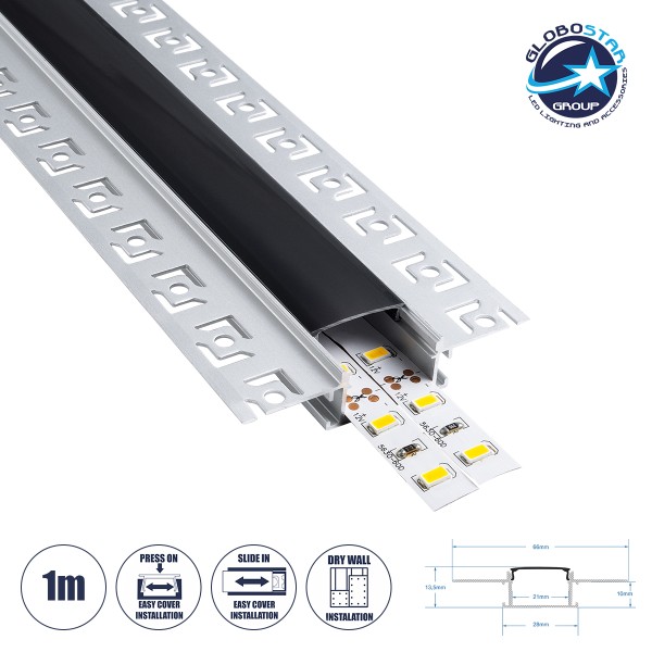 GloboStar® PLASTERBOARD-PROFILE 70820-1M Προφίλ Αλουμινίου - Βάση & Ψύκτρα Ταινίας LED με Μαύρο Φιμέ Κάλυμμα - Χωνευτή Χρήση σε Γυψοσανίδα - Trimless - Πατητό Κάλυμμα - Ασημί - 1 Μέτρο - Μ100 x Π6.7 x Υ1.4cm