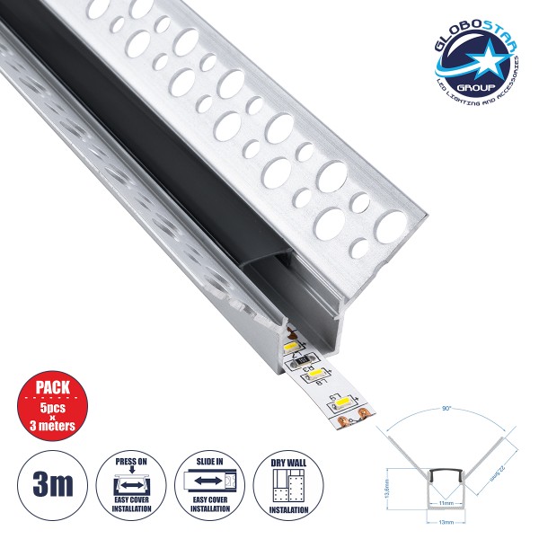 GloboStar® PLASTERBOARD-PROFILE 70837-3M Προφίλ Αλουμινίου - Βάση & Ψύκτρα Ταινίας LED με Μαύρο Φιμέ Κάλυμμα - Χωνευτή Γωνιακή Χρήση σε Εσωτερική Γωνία Γυψοσανίδας - Trimless - Πατητό Κάλυμμα - Ασημί - 3 Μέτρα - Πακέτο 5 Τεμαχίων - Μ300 x Π3.1 x Υ1.3cm