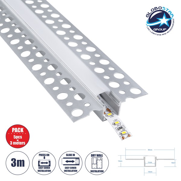 GLOBOSTAR® ALP-PLASTERIN GYPSO 70838-3M Χωνευτό Προφίλ Αλουμινίου Ειδικό για Γυψοσανίδα με Λευκό Γαλακτερό Πατητό Κάλυμμα για Ταινίες LED IP20 - Ασημί & Λευκό - Μ300 x Π5.6 x Υ1.5cm - Πακέτο 5 Τεμαχίων