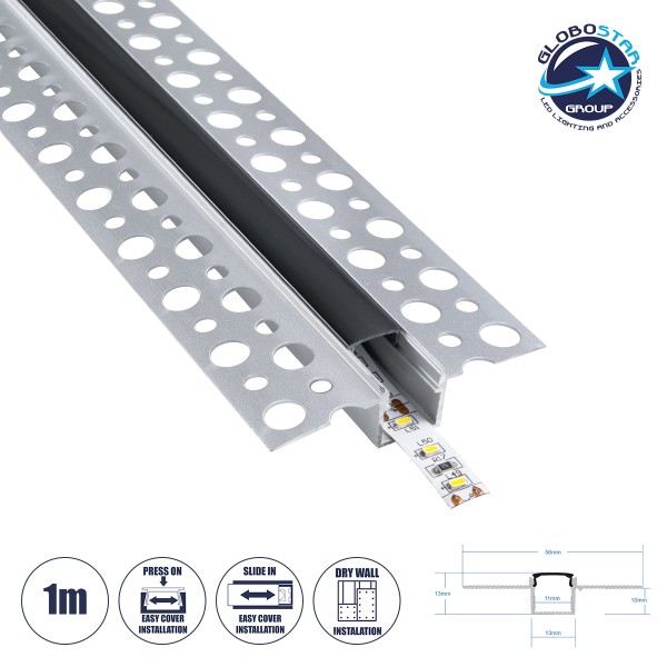 GloboStar® PLASTERBOARD-PROFILE 70839-1M Προφίλ Αλουμινίου - Βάση & Ψύκτρα Ταινίας LED με Μαύρο Φιμέ Κάλυμμα - Χωνευτή Χρήση σε Γυψοσανίδα - Trimless - Πατητό Κάλυμμα - Ασημί - 1 Μέτρο - Μ100 x Π5.6 x Υ1.5cm