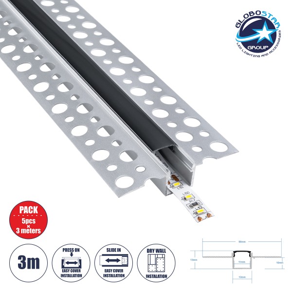 GloboStar® PLASTERBOARD-PROFILE 70839-3M Προφίλ Αλουμινίου - Βάση & Ψύκτρα Ταινίας LED με Μαύρο Φιμέ Κάλυμμα - Χωνευτή Χρήση σε Γυψοσανίδα - Trimless - Πατητό Κάλυμμα - Ασημί - 3 Μέτρα - Πακέτο 5 Τεμαχίων - Μ300 x Π5.6 x Υ1.5cm