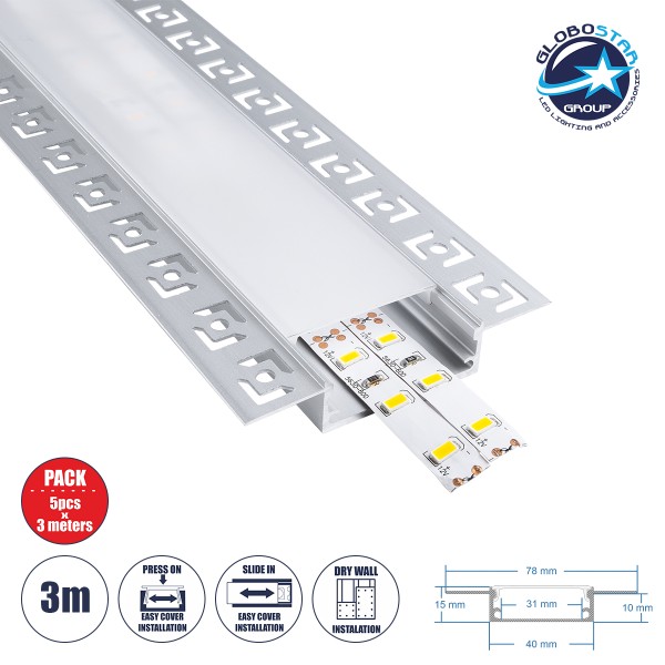 GloboStar® PLASTERBOARD-PROFILE 70861-3M Προφίλ Αλουμινίου - Βάση & Ψύκτρα Ταινίας LED με Λευκό Γαλακτερό Κάλυμμα - Χωνευτή Χρήση σε Γυψοσανίδα - Trimless - Πατητό Κάλυμμα - Ασημί - 3 Μέτρα - Πακέτο 5 Τεμαχίων - Μ300 x Π7.8 x Υ1.4cm