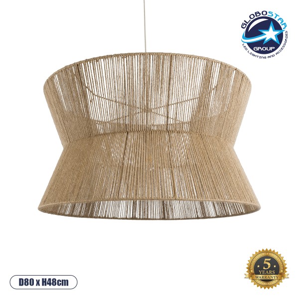 GloboStar® BISBEE 02205 Boho Κρεμαστό Φωτιστικό Καπέλο Μονόφωτο 1 x E27 IP20 Μπεζ Σχοινί - Μ80 x Π80 x Υ48cm