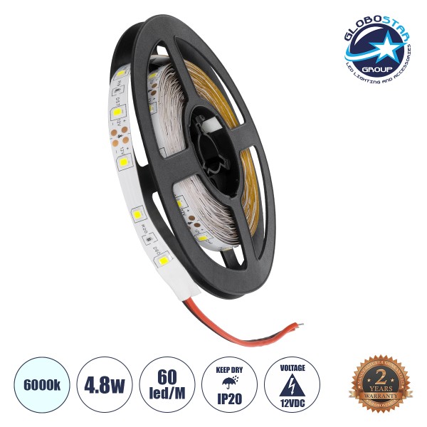 GLOBOSTAR® AVILA 90590 Ταινία LED 4.8W/m 300lm/m 120° DC 12V IP20 60 x SMD3528 Chip/m Ψυχρό Λευκό 6000K Dimmable - Μ500 x Π0.8 x Υ0.2cm - Ρολό 5 Μέτρων - 2 Χρόνια Εγγύηση