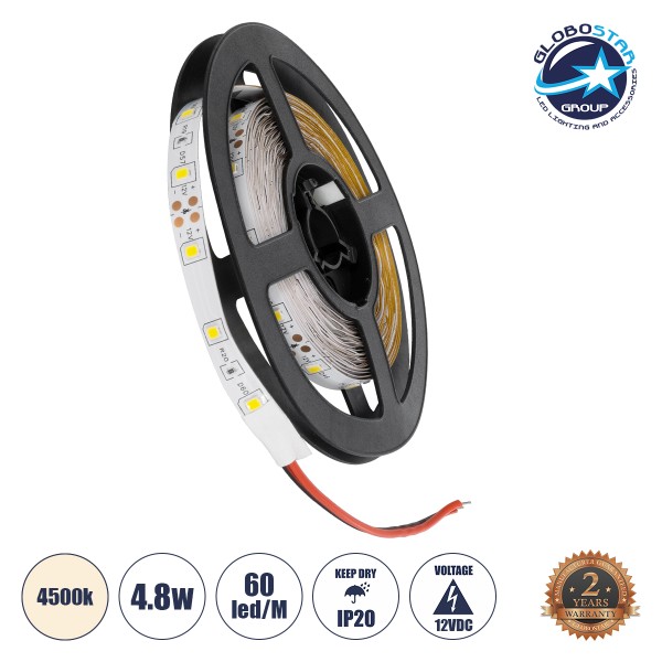 GLOBOSTAR® AVILA 90591 Ταινία LED 4.8W/m 280lm/m 120° DC 12V IP20 60 x SMD3528 Chip/m Φυσικό Λευκό 4500K Dimmable - Μ500 x Π0.8 x Υ0.2cm - Ρολό 5 Μέτρων - 2 Χρόνια Εγγύηση
