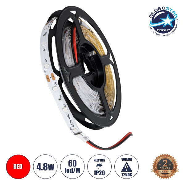 GLOBOSTAR® AVILA 90593 Ταινία LED 4.8W/m 200lm/m 120° DC 12V IP20 60 x SMD3528 Chip/m Κόκκινο Dimmable - Μ500 x Π0.8 x Υ0.2cm - Ρολό 5 Μέτρων - 2 Χρόνια Εγγύηση