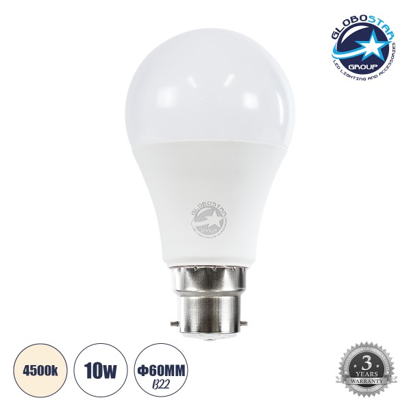 GloboStar® 60052 Λάμπα LED B22 A60 Γλόμπος 10W 970lm 360° AC 220-240V IP20 Φ6 x Υ11cm Φυσικό Λευκό 4500K - 3 Χρόνια Εγγύηση