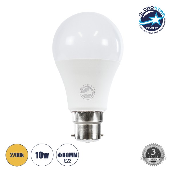 GloboStar® 60053 Λάμπα LED B22 A60 Γλόμπος 10W 940lm 360° AC 220-240V IP20 Φ6 x Υ11cm Θερμό Λευκό 2700K - 3 Χρόνια Εγγύηση