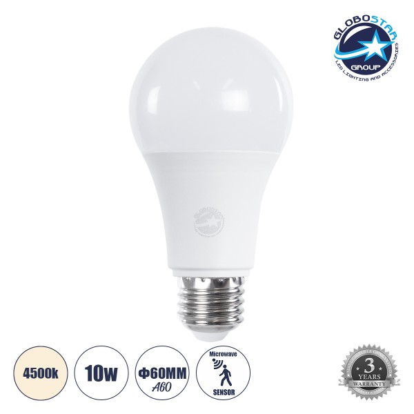 GloboStar® 60055 Λάμπα LED E27 A60 Γλόμπος 10W 970lm 260° AC 175-265V IP20 Φ6 x Υ11cm Φυσικό Λευκό 4500K με Αισθητήρα Κίνησης Micro Wave - 3 Χρόνια Εγγύηση