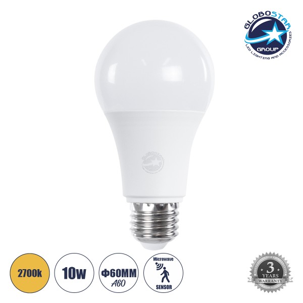 GloboStar® 60056 Λάμπα LED E27 A60 Γλόμπος 10W 950lm 260° AC 175-265V IP20 Φ6 x Υ11cm Θερμό Λευκό 2700K με Αισθητήρα Κίνησης Micro Wave - 3 Χρόνια Εγγύηση