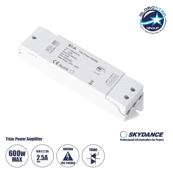 GloboStar® 73128 S1-A SKYDANCE AC Triac Amplifier 1 Κανάλι AC 100-240V 1 x 2.5A 600W - Max 2.5A 600W - IP20  Μ17.5 x Π4.5 x Υ2.5cm - 5 Χρόνια Εγγύηση