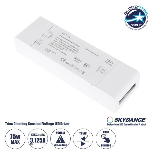 GLOBOSTAR® SKYDANCE-TE-75-24 73130 DC Triac & Push Dimmer CV Τροφοδοτικό/Μετασχηματιστής SELV με 1 x 3.125A 75W Κανάλι AC 220-240V σε DC 24V 3.125A 75W Max IP20 - Triac & Push Dimming - Μ18 x Π5.7 x Υ3cm - 5 Χρόνια Εγγύηση