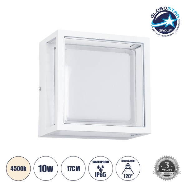 GLOBOSTAR® MAJESTIC 60775 Φωτιστικό Τοίχου - Απλίκα Εσωτερικού/Εξωτερικού Χώρου LED 10W 1050lm 120° AC175-265V Αδιάβροχο IP65 - Πλαστικό Σώμα - Φυσικό λευκό 4500K - Μ17 x Π17 x Υ9cm - Λευκό - Bridgelux Chip - 3 Χρόνια Εγγύηση