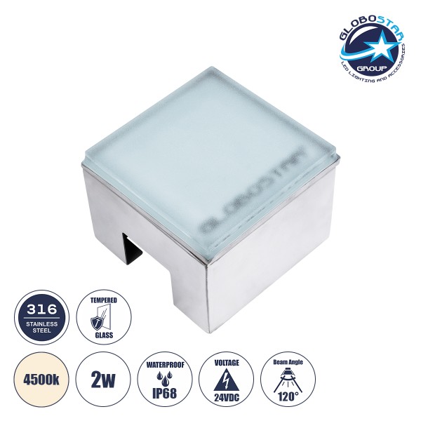 GLOBOSTAR® CYBOLITHOS 60947 Χωνευτό Αρχιτεκτονικο Φωτιστικό Σποτ Δαπέδου LED 2W 230lm 120° DC 24V Αδιάβροχο IP68 IK06 Φυσικό Λευκό 4500K Dimmable - Bridgelux SMD Chip - Γαλακτερό Tempered Glass & Ανοξείδωτο Ατσάλι SS316 - Μ10 x Π10x Υ8cm / Q10 x 10cm - 3 