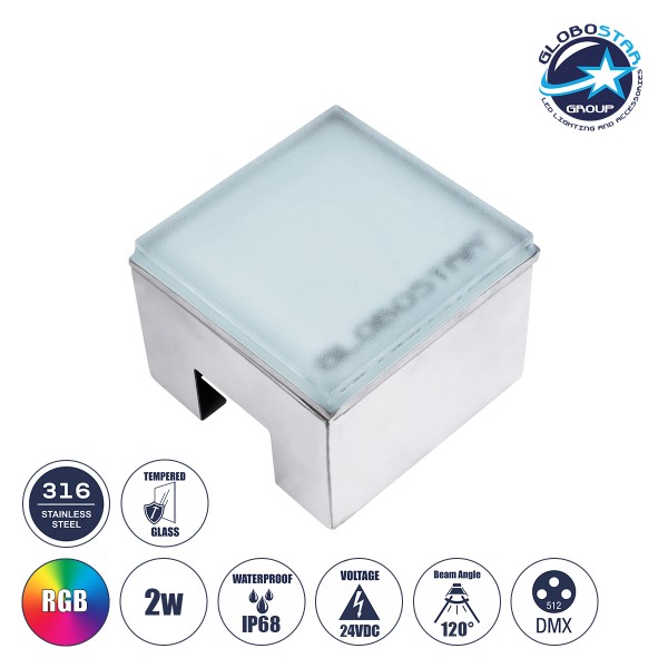 GLOBOSTAR® CYBOLITHOS 60948 Χωνευτό Αρχιτεκτονικο Φωτιστικό Σποτ Δαπέδου LED 2W 170lm 120° DC 24V Αδιάβροχο IP68 IK06 Πολύχρωμο RGB Dimmable DMX512 - Bridgelux SMD Chip - Γαλακτερό Tempered Glass & Ανοξείδωτο Ατσάλι SS316 - Μ10 x Π10x Υ8cm / Q10 x 10cm - 