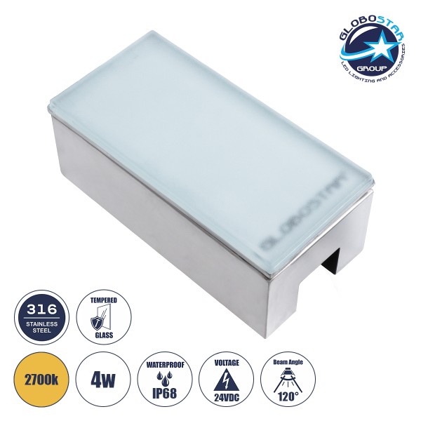 GLOBOSTAR® CYBOLITHOS 60949 Χωνευτό Αρχιτεκτονικο Φωτιστικό Σποτ Δαπέδου LED 4W 440lm 120° DC 24V Αδιάβροχο IP68 IK06 Θερμό Λευκό 2700K Dimmable - Bridgelux SMD Chip - Γαλακτερό Tempered Glass & Ανοξείδωτο Ατσάλι SS316 - Μ20 x Π10x Υ8cm / Q20 x 10cm - 3 Χ
