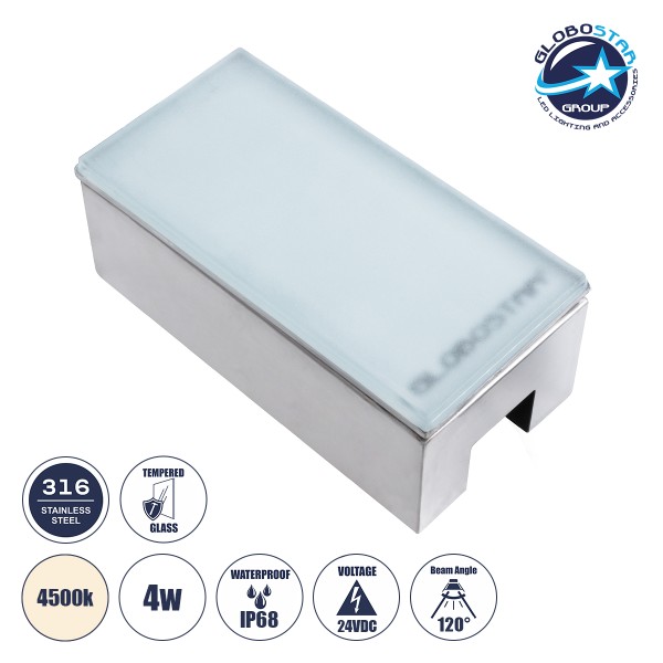 GLOBOSTAR® CYBOLITHOS 60950 Χωνευτό Αρχιτεκτονικο Φωτιστικό Σποτ Δαπέδου LED 4W 460lm 120° DC 24V Αδιάβροχο IP68 IK06 Φυσικό Λευκό 4500K Dimmable - Bridgelux SMD Chip - Γαλακτερό Tempered Glass & Ανοξείδωτο Ατσάλι SS316 - Μ20 x Π10x Υ8cm / Q20 x 10cm - 3 