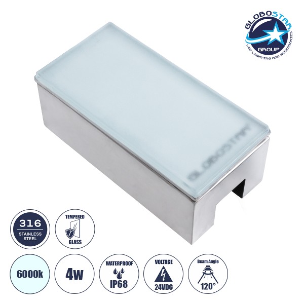 GLOBOSTAR® CYBOLITHOS 60951 Χωνευτό Αρχιτεκτονικο Φωτιστικό Σποτ Δαπέδου LED 4W 480lm 120° DC 24V Αδιάβροχο IP68 IK06 Ψυχρό Λευκό 6000K Dimmable - Bridgelux SMD Chip - Γαλακτερό Tempered Glass & Ανοξείδωτο Ατσάλι SS316 - Μ20 x Π10x Υ8cm / Q20 x 10cm - 3 Χ